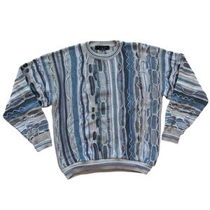 Protege Collection Vintage 3D Coogi Textured Knit Sweater Blue Grey Mens Large